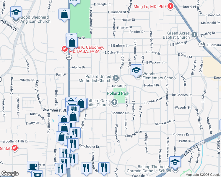 map of restaurants, bars, coffee shops, grocery stores, and more near 3046 New Copeland Road in Tyler