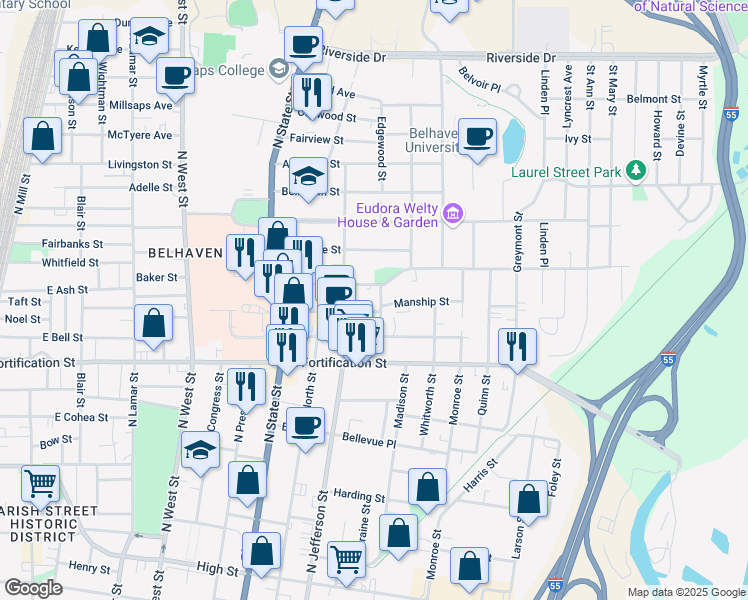 map of restaurants, bars, coffee shops, grocery stores, and more near 1211 Kenwood Place in Jackson