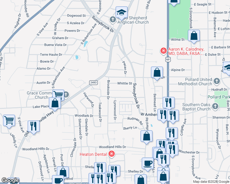 map of restaurants, bars, coffee shops, grocery stores, and more near 630 Zelwood Drive in Tyler