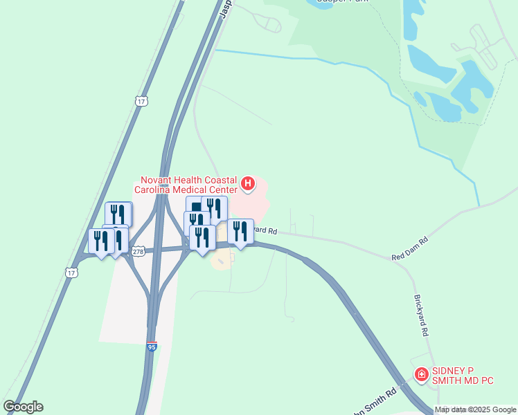 map of restaurants, bars, coffee shops, grocery stores, and more near 1010 Medical Center Drive in Hardeeville
