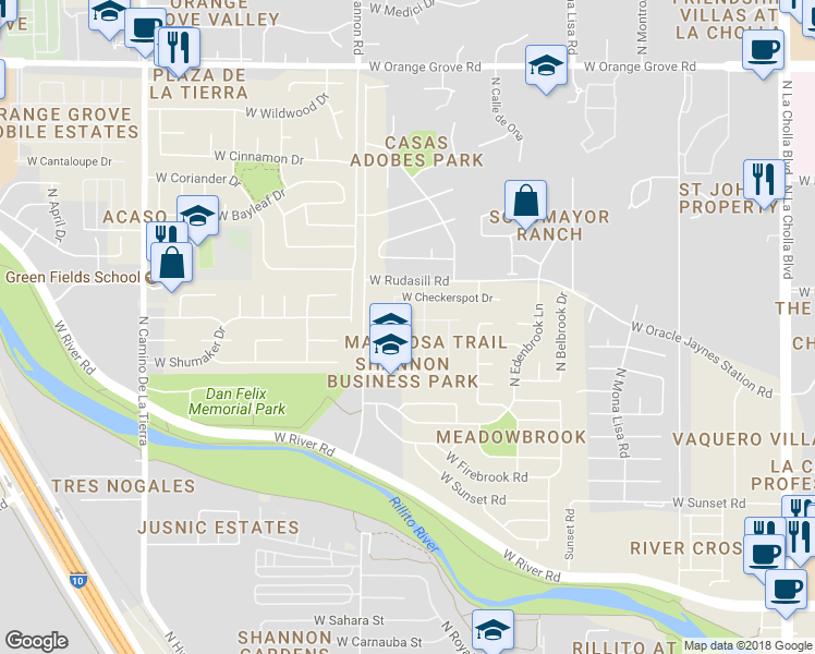 map of restaurants, bars, coffee shops, grocery stores, and more near 2819 West Greenstreak Drive in Tucson