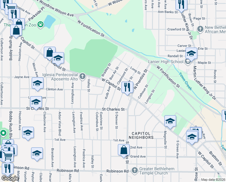 map of restaurants, bars, coffee shops, grocery stores, and more near 119 Wacaster Street in Jackson
