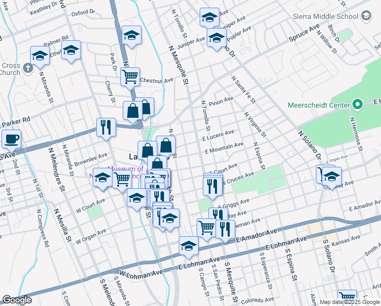 map of restaurants, bars, coffee shops, grocery stores, and more near 614 North San Pedro Street in Las Cruces