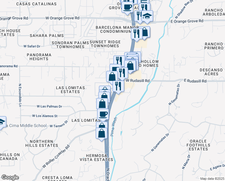 map of restaurants, bars, coffee shops, grocery stores, and more near 5902 North Oracle Road in Tucson