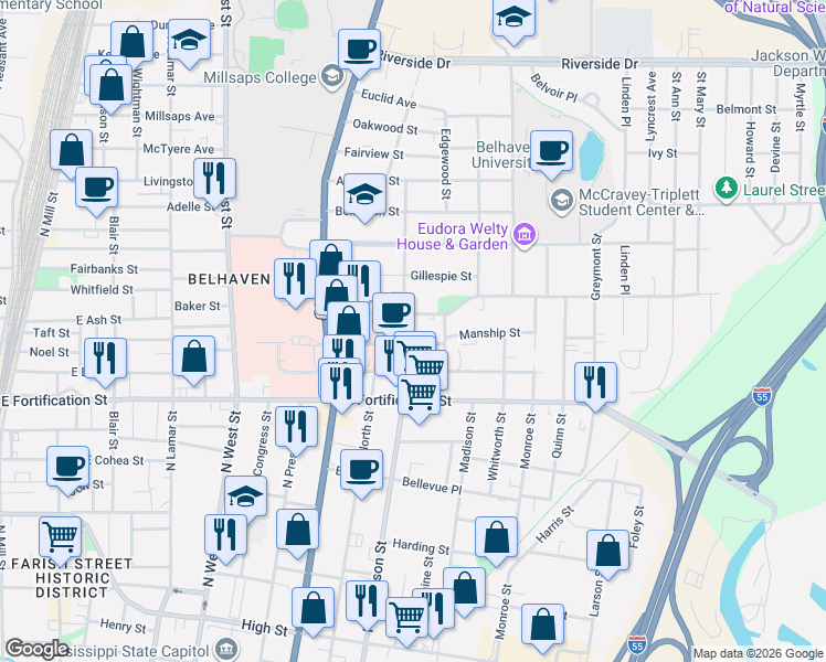 map of restaurants, bars, coffee shops, grocery stores, and more near 1204 North Jefferson Street in Jackson