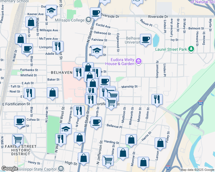 map of restaurants, bars, coffee shops, grocery stores, and more near 1204 North Jefferson Street in Jackson