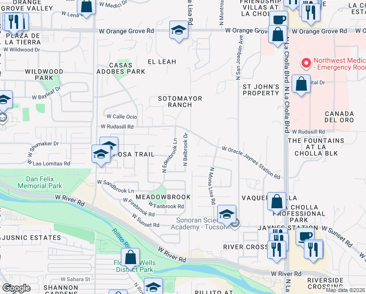 map of restaurants, bars, coffee shops, grocery stores, and more near 5921 North Belbrook Drive in Tucson