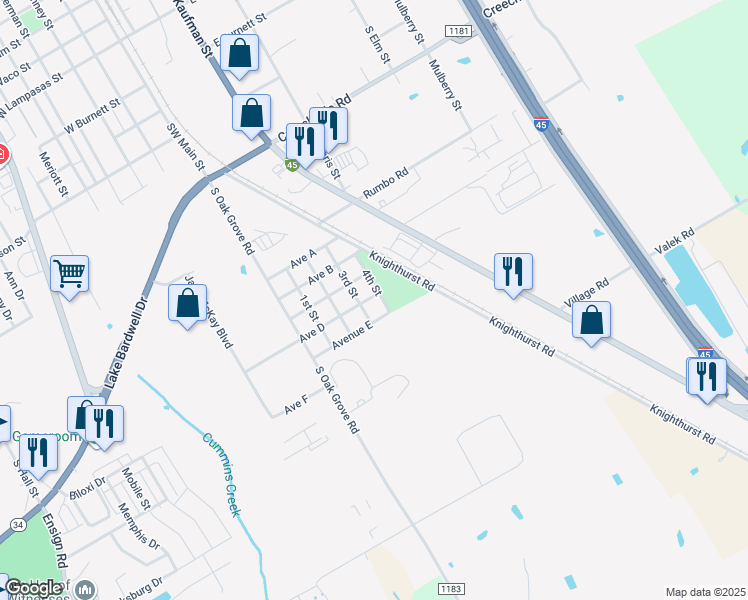 map of restaurants, bars, coffee shops, grocery stores, and more near 407 Avenue D in Ennis