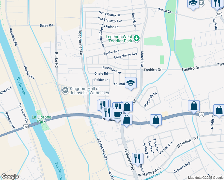 map of restaurants, bars, coffee shops, grocery stores, and more near 1367 Fountain Loop in Las Cruces