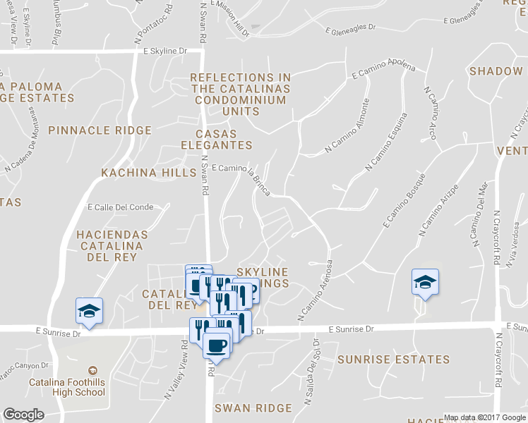 map of restaurants, bars, coffee shops, grocery stores, and more near 5920 North Camino Esplendora in Tucson