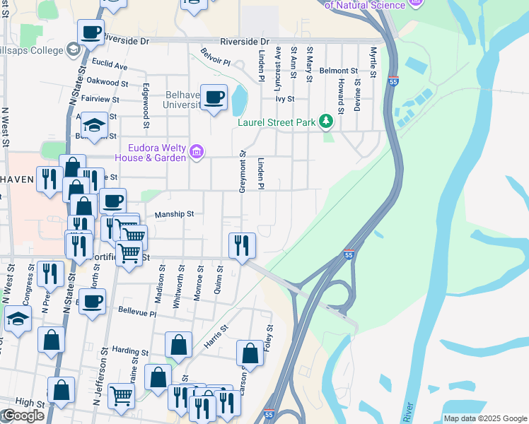 map of restaurants, bars, coffee shops, grocery stores, and more near 1216 Linden Place in Jackson