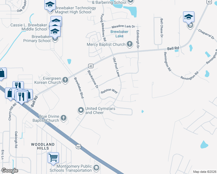 map of restaurants, bars, coffee shops, grocery stores, and more near 5936 Ralston Way in Montgomery