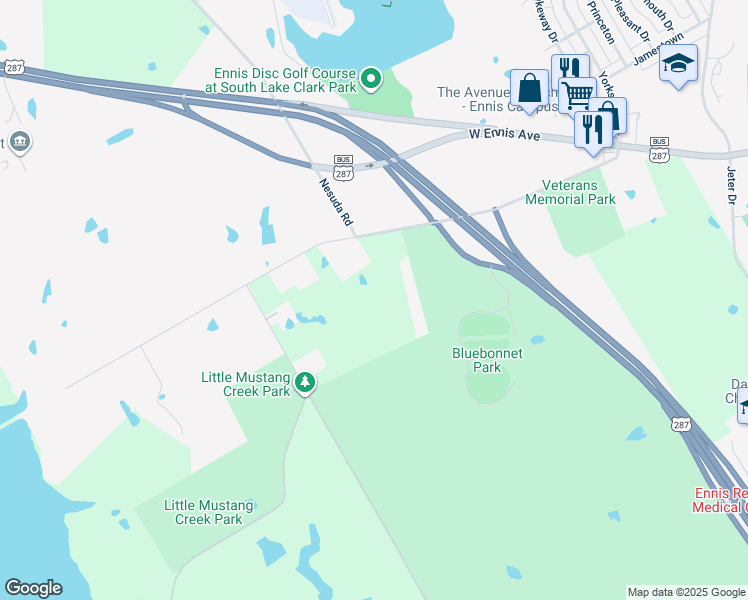 map of restaurants, bars, coffee shops, grocery stores, and more near 3401 Ennis Parkway in Ennis