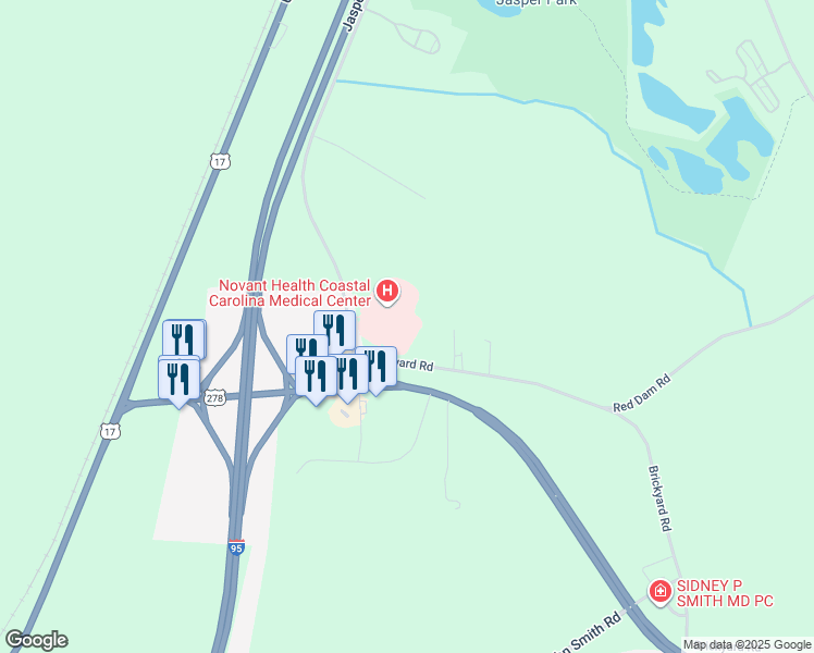 map of restaurants, bars, coffee shops, grocery stores, and more near 1010 Medical Center Drive in Hardeeville