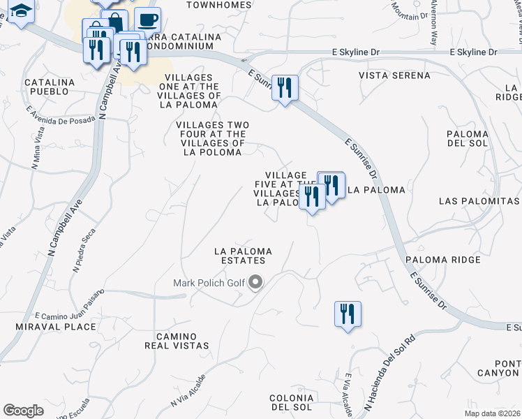 map of restaurants, bars, coffee shops, grocery stores, and more near 5935 North Via Paloma Silvestre in Tucson