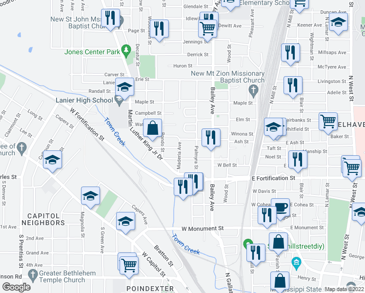 map of restaurants, bars, coffee shops, grocery stores, and more near 1132 Maderia Avenue in Jackson