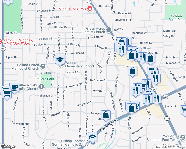 map of restaurants, bars, coffee shops, grocery stores, and more near 3200 Hallmark Place in Tyler