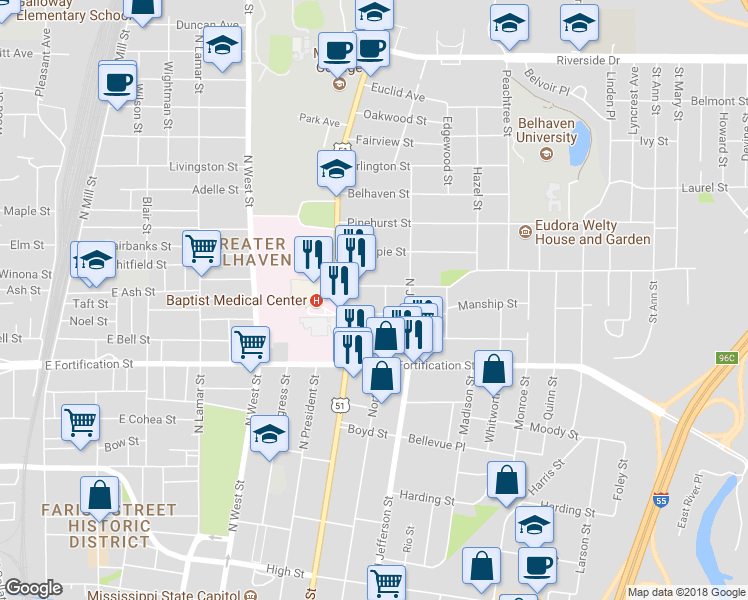 map of restaurants, bars, coffee shops, grocery stores, and more near 746 Manship Street in Jackson