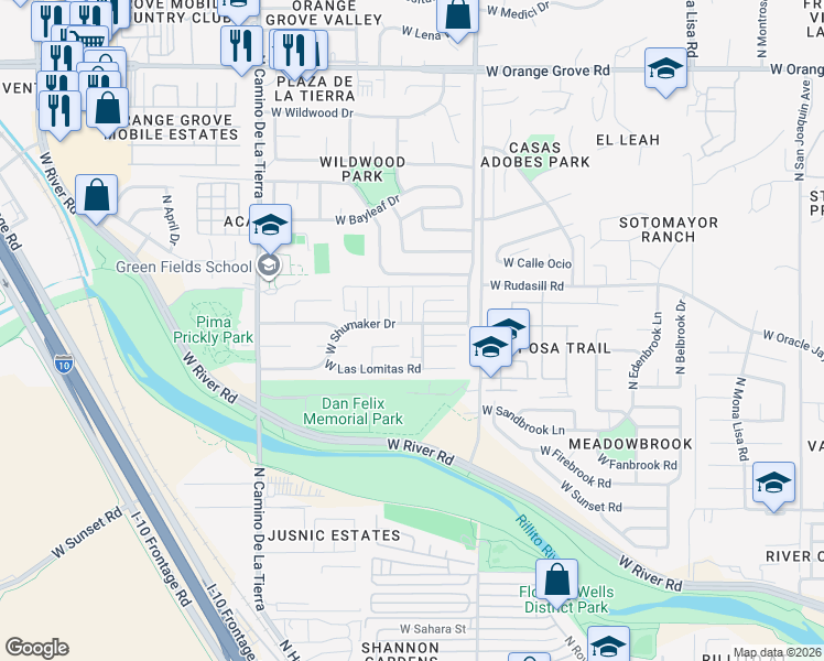 map of restaurants, bars, coffee shops, grocery stores, and more near 3009 West Shumaker Drive in Tucson