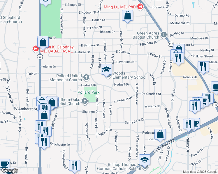 map of restaurants, bars, coffee shops, grocery stores, and more near 3099 Pollard Drive in Tyler