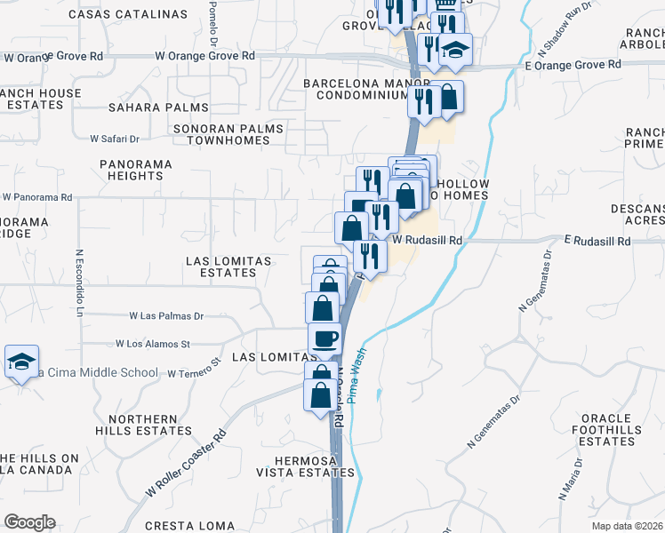 map of restaurants, bars, coffee shops, grocery stores, and more near 5901 North Oracle Road in Tucson