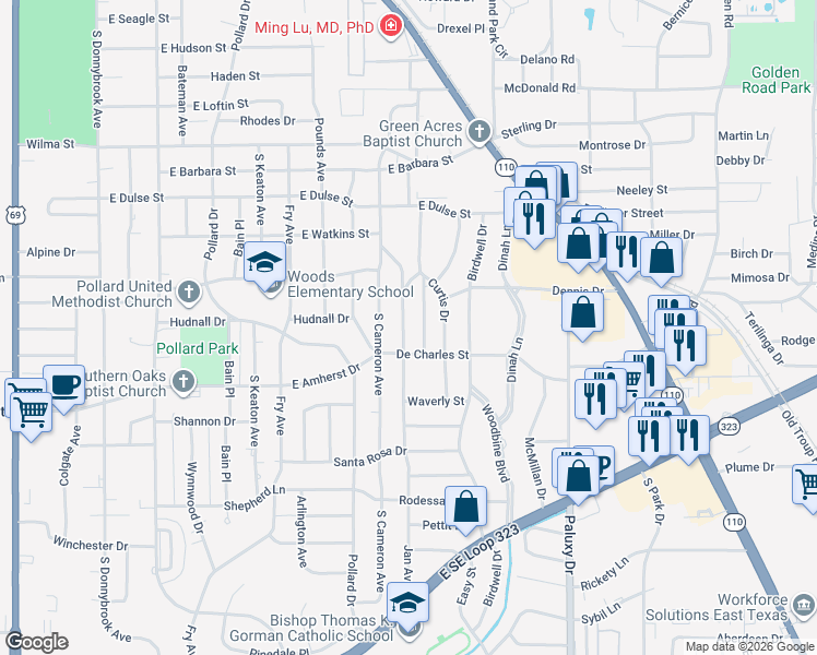 map of restaurants, bars, coffee shops, grocery stores, and more near 3200 Hallmark Place in Tyler