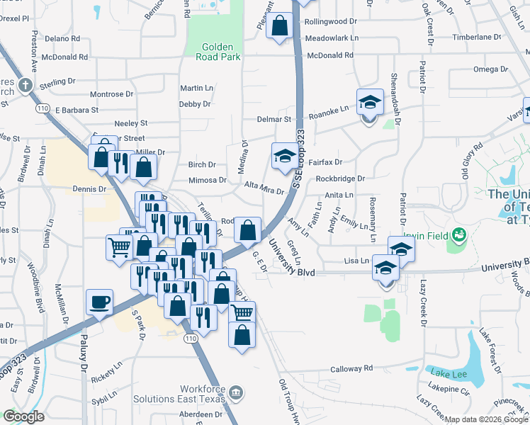 map of restaurants, bars, coffee shops, grocery stores, and more near 3032 Santa Elena Dr in Tyler