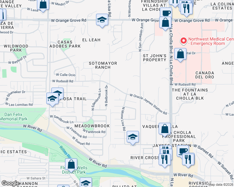 map of restaurants, bars, coffee shops, grocery stores, and more near 5940 North Jaynes Circle in Tucson