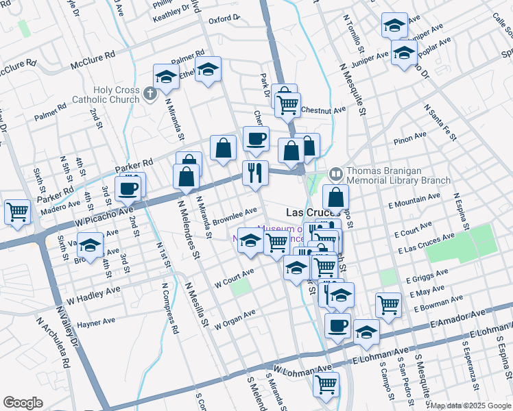 map of restaurants, bars, coffee shops, grocery stores, and more near 705 North Alameda Boulevard in Las Cruces