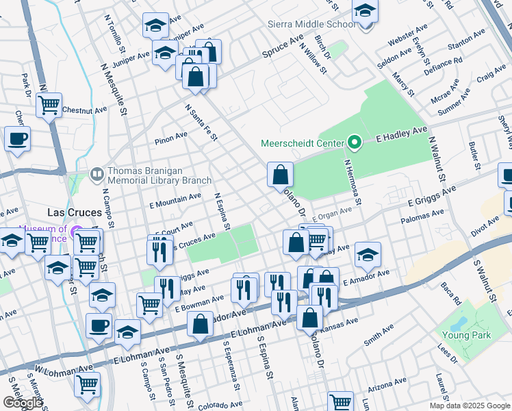 map of restaurants, bars, coffee shops, grocery stores, and more near 1120 East Court Avenue in Las Cruces