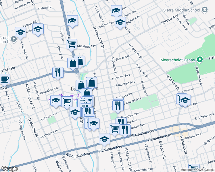 map of restaurants, bars, coffee shops, grocery stores, and more near 614 North San Pedro Street in Las Cruces