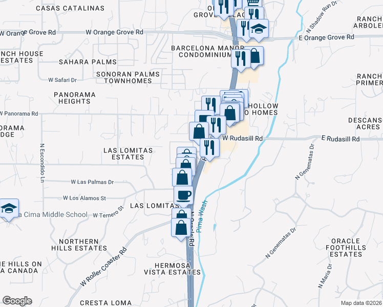 map of restaurants, bars, coffee shops, grocery stores, and more near 5901 North Oracle Road in Tucson