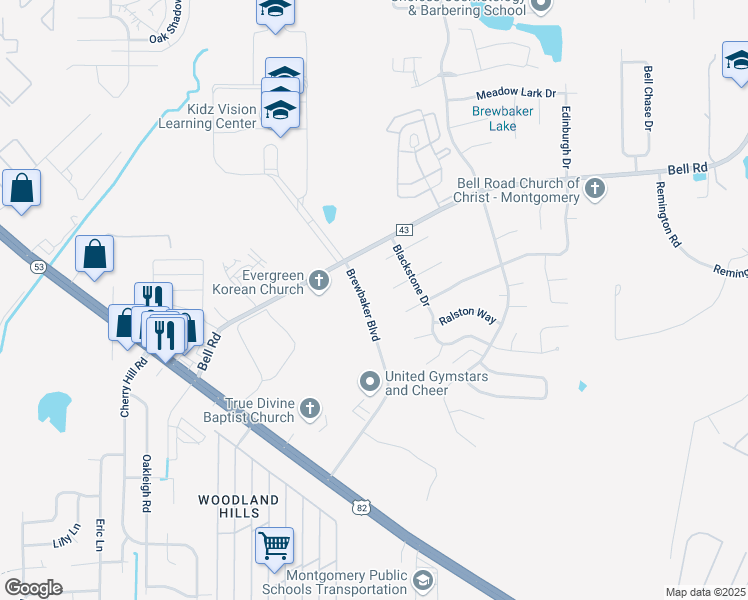 map of restaurants, bars, coffee shops, grocery stores, and more near 5840 Brewbaker Boulevard in Montgomery