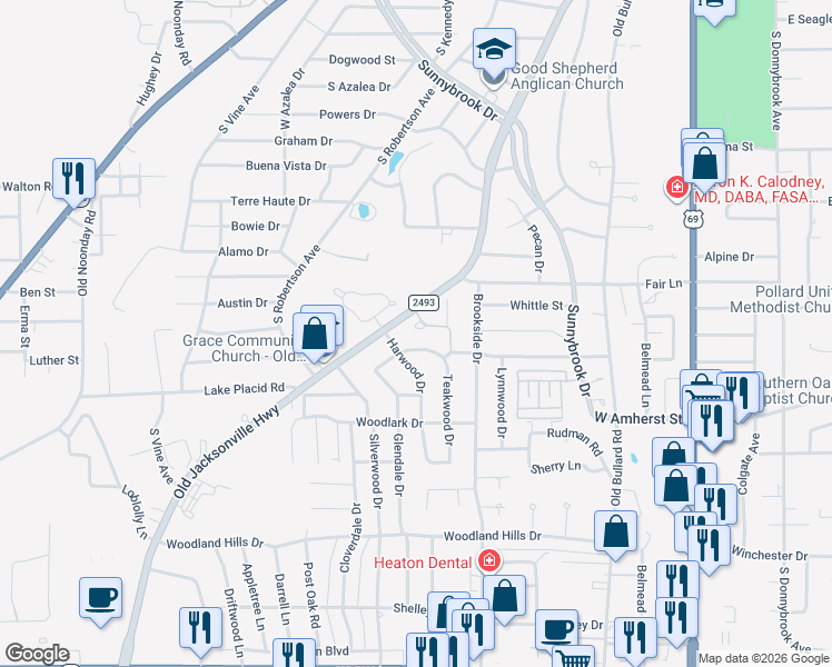 map of restaurants, bars, coffee shops, grocery stores, and more near 760 Fairmont Drive in Tyler