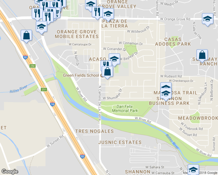 map of restaurants, bars, coffee shops, grocery stores, and more near 3237 West Las Palmas Drive in Tucson