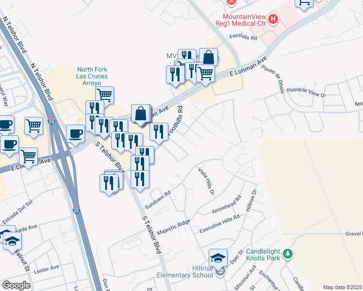 map of restaurants, bars, coffee shops, grocery stores, and more near 723 Hellenic Drive in Las Cruces