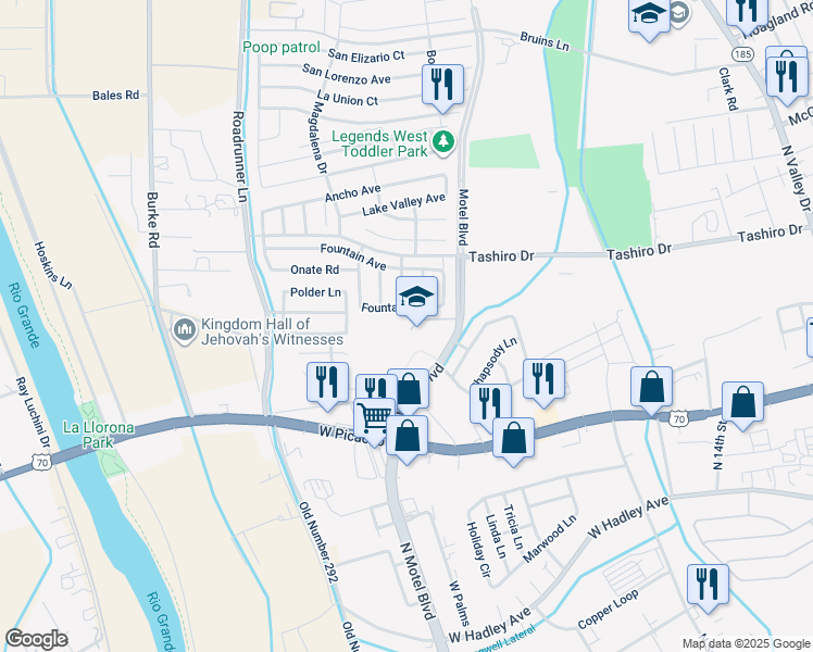 map of restaurants, bars, coffee shops, grocery stores, and more near 1040 North Motel Boulevard in Las Cruces