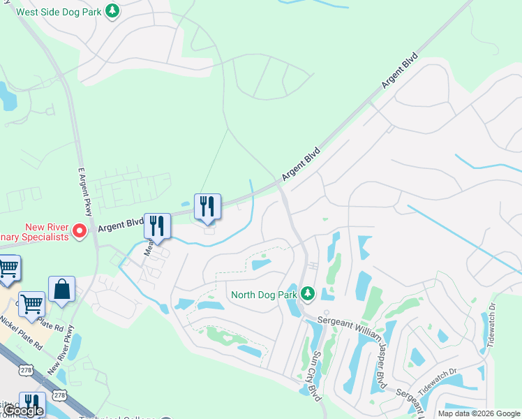 map of restaurants, bars, coffee shops, grocery stores, and more near 145 Springtime Court in Bluffton