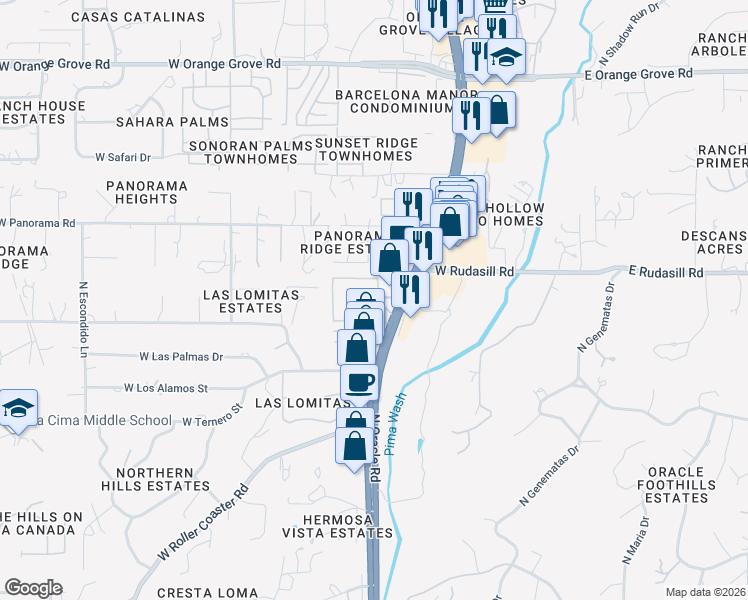 map of restaurants, bars, coffee shops, grocery stores, and more near 5901 North Oracle Road in Tucson