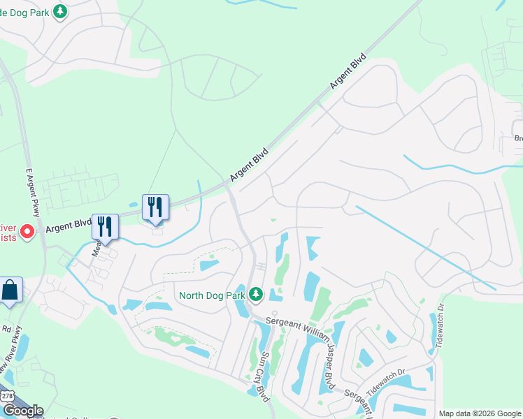 map of restaurants, bars, coffee shops, grocery stores, and more near 119 Canterbury Court in Bluffton