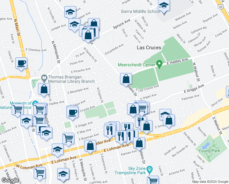 map of restaurants, bars, coffee shops, grocery stores, and more near 1120 East Court Avenue in Las Cruces