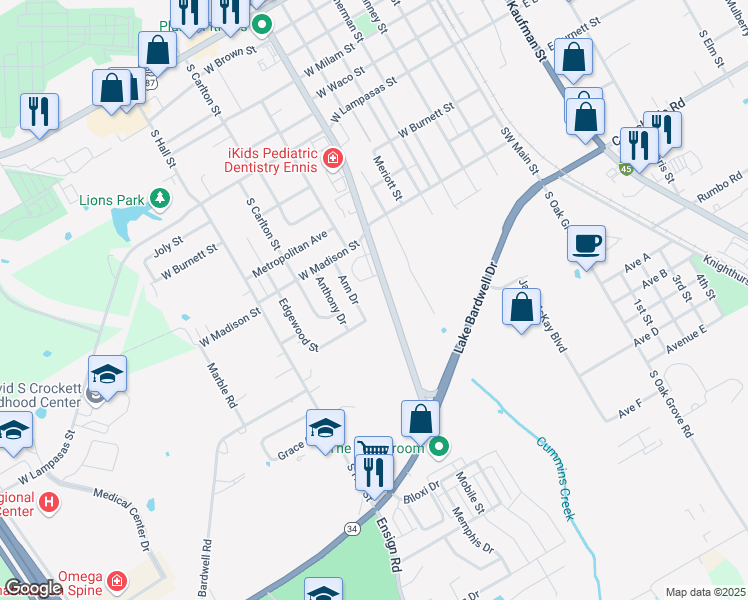 map of restaurants, bars, coffee shops, grocery stores, and more near 1203 South Clay Street in Ennis