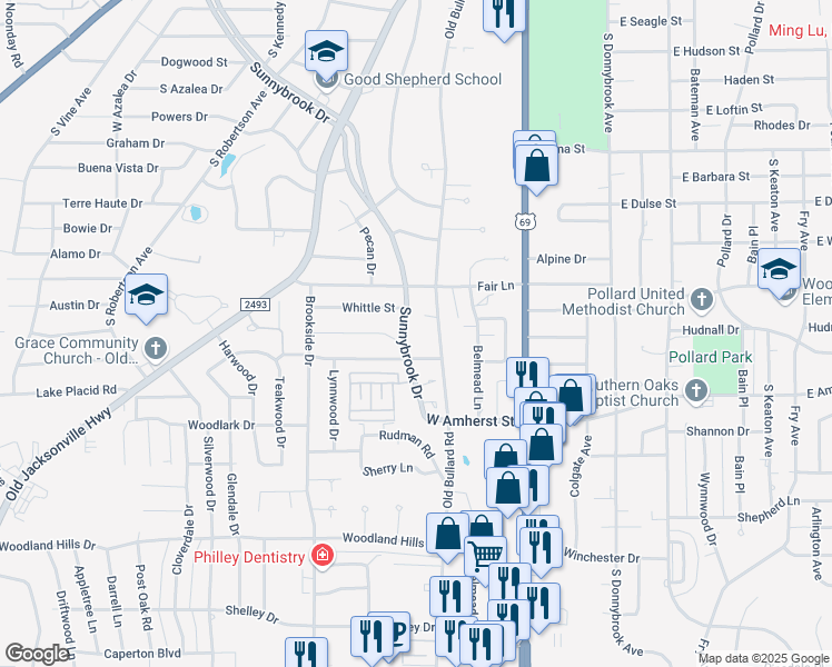 map of restaurants, bars, coffee shops, grocery stores, and more near 3100 Sunnybrook Drive in Tyler