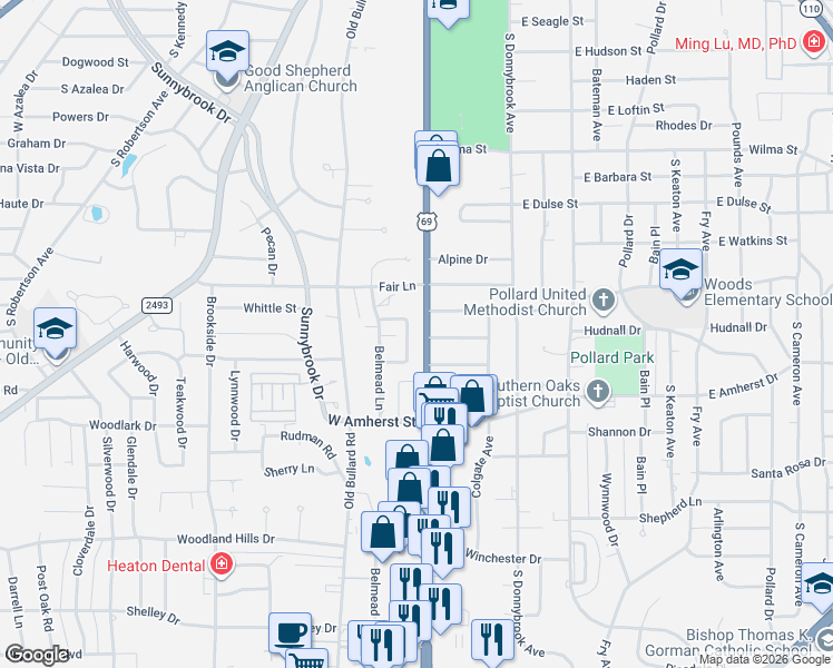 map of restaurants, bars, coffee shops, grocery stores, and more near 3112 Bracken Drive in Tyler