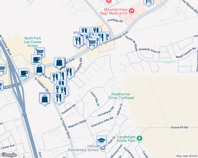 map of restaurants, bars, coffee shops, grocery stores, and more near 776 City View Drive in Las Cruces