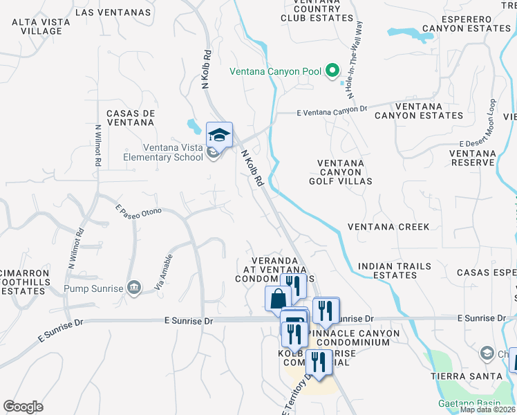 map of restaurants, bars, coffee shops, grocery stores, and more near 5855 North Kolb Road in Tucson