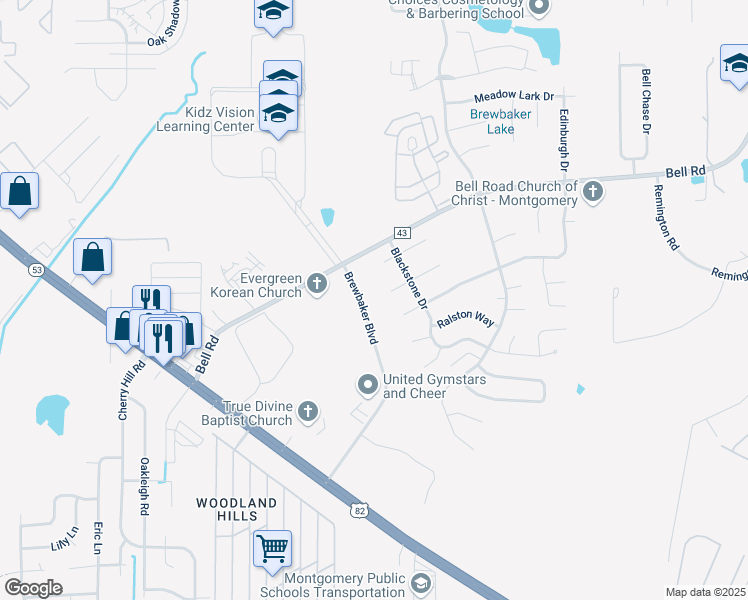 map of restaurants, bars, coffee shops, grocery stores, and more near 5840 Brewbaker Boulevard in Montgomery