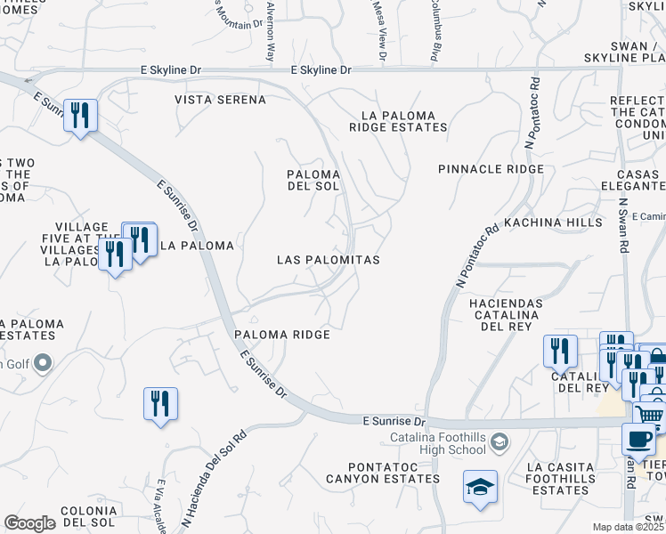 map of restaurants, bars, coffee shops, grocery stores, and more near 4048 East Via Del Mirlillo in Tucson