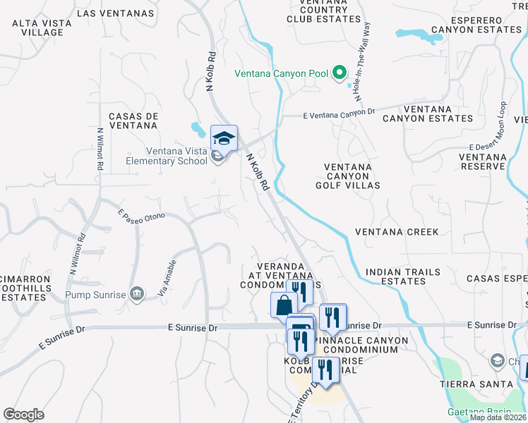 map of restaurants, bars, coffee shops, grocery stores, and more near 5855 North Kolb Road in Tucson