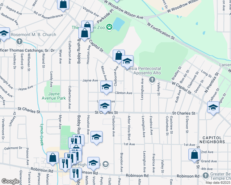 map of restaurants, bars, coffee shops, grocery stores, and more near 401 Claiborne Avenue in Jackson